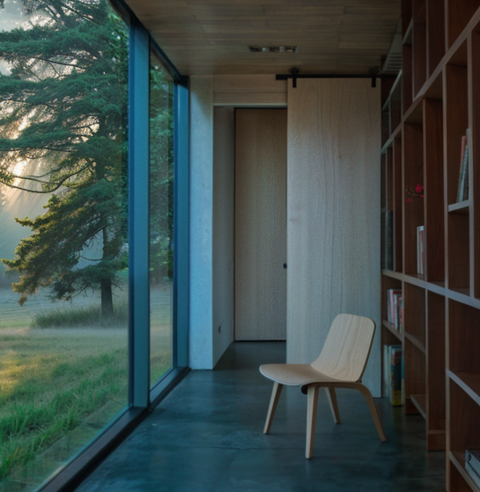 Minimalist hallway with large windows overlooking a serene forest view, featuring custom shelving and a wooden sliding door, designed by Musca Studi