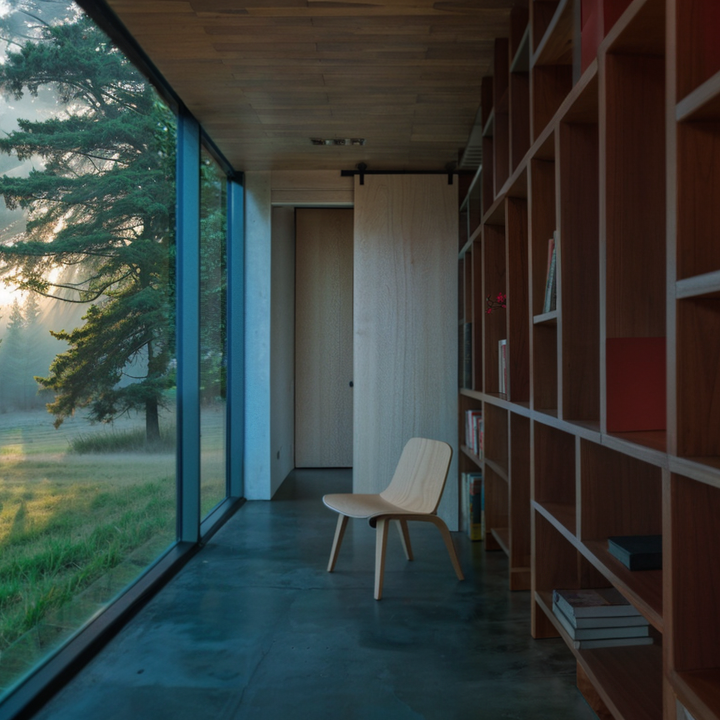 Minimalist hallway with floor-to-ceiling windows, custom shelving, and serene forest view at sunrise, designed by Musca Studio