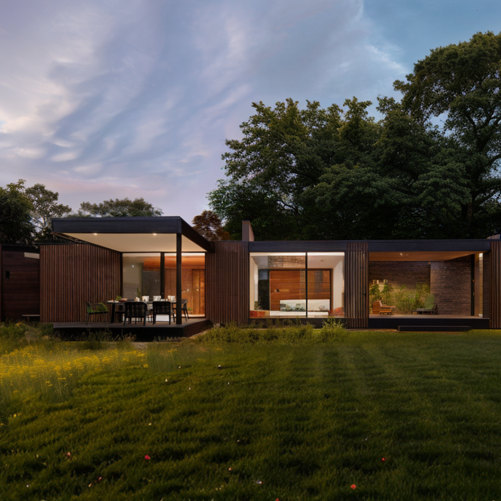 Modern garden house with wooden facade, surrounded by natural meadows and mature trees, Musca studio project