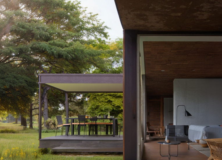 Modern garden house with an open terrace, overlooking natural meadows and ancient trees, designed by Musca Studio