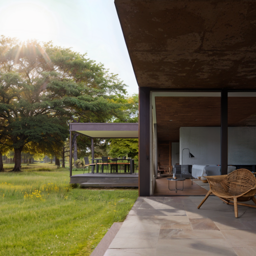 Modern garden house with an open terrace, overlooking natural meadows and ancient trees, designed by Musca Studio